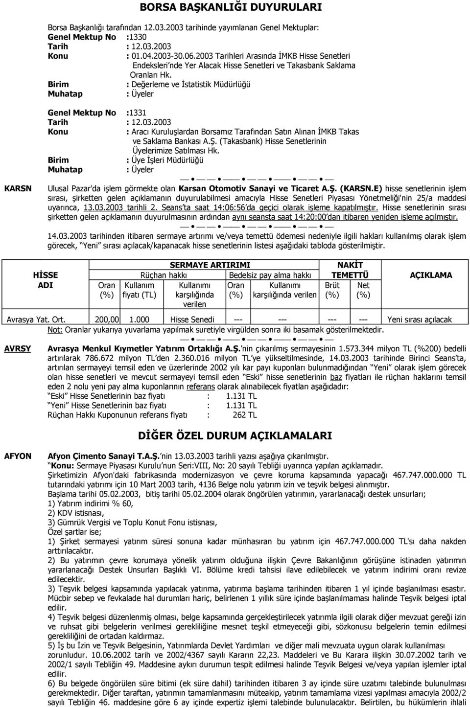 Birim : Değerleme ve İstatistik Müdürlüğü Muhatap : Üyeler KARSN Genel Mektup No :1331 Tarih : 12.03.2003 Konu : Aracõ Kuruluşlardan Borsamõz Tarafõndan Satõn Alõnan İMKB Takas ve Saklama Bankasõ A.Ş.