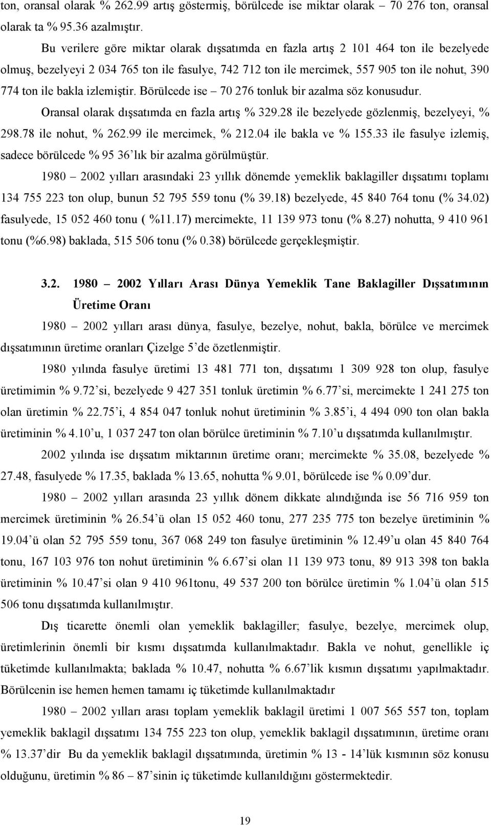 izlemiştir. Börülcede ise 70 276 tonluk bir azalma söz konusudur. Oransal olarak dışsatımda en fazla artış % 329.28 ile bezelyede gözlenmiş, bezelyeyi, % 298.78 ile nohut, % 262.