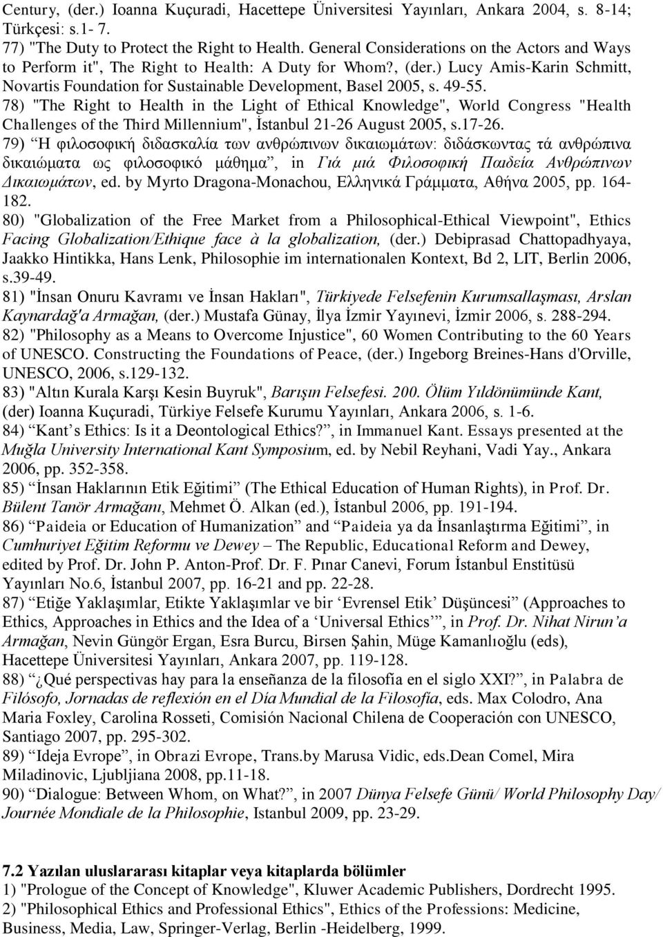 49-55. 78) "The Right to Health in the Light of Ethical Knowledge", World Congress "Health Challenges of the Third Millennium", İstanbul 21-26 August 2005, s.17-26.