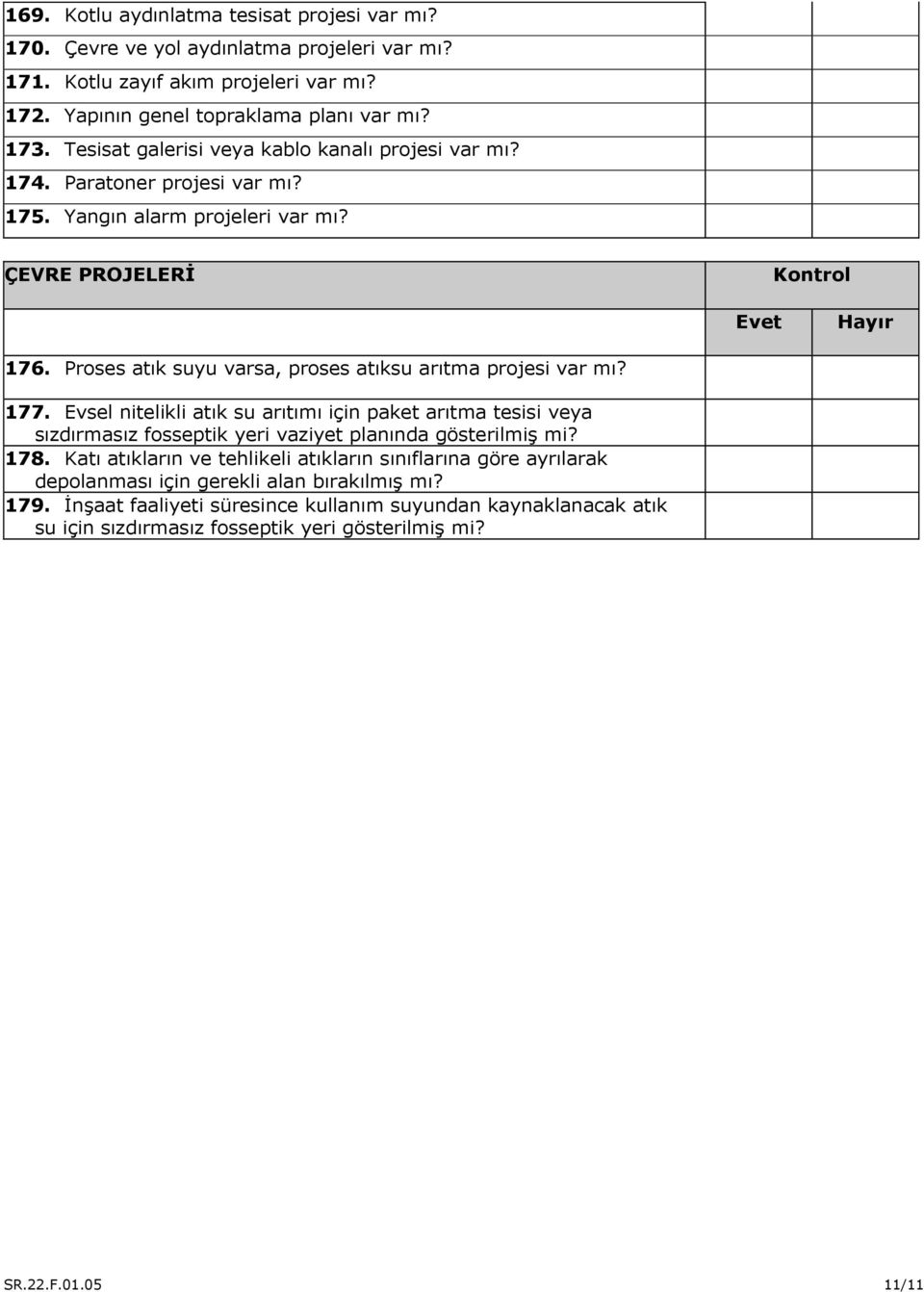 Proses atık suyu varsa, proses atıksu arıtma projesi var mı? 177. Evsel nitelikli atık su arıtımı için paket arıtma tesisi veya sızdırmasız fosseptik yeri vaziyet planında gösterilmiş mi?