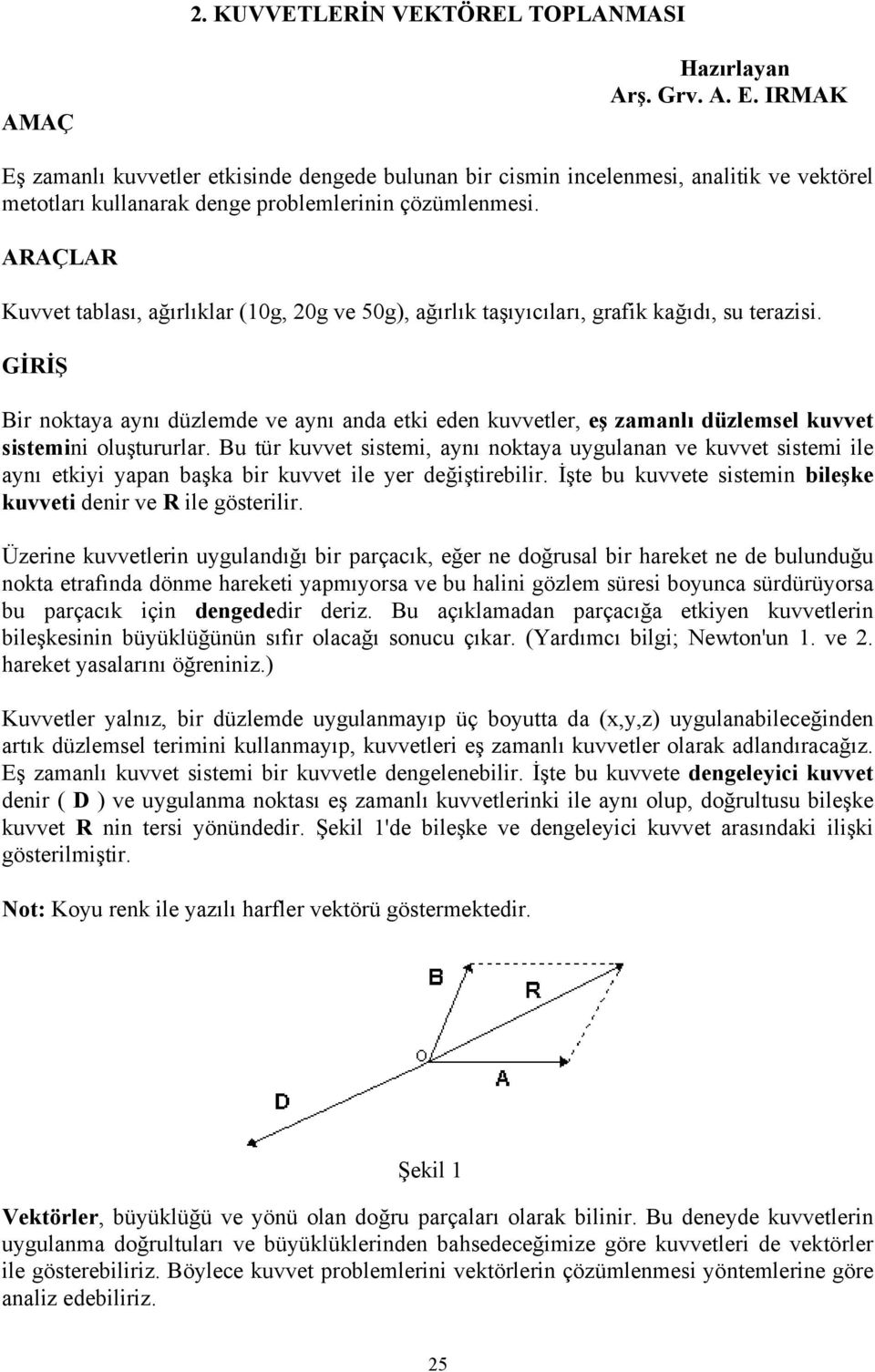 ARAÇLAR Kuvvet tablası, ağırlıklar (10g, 20g ve 50g), ağırlık taşııcıları, grafik kağıdı, su terazisi.