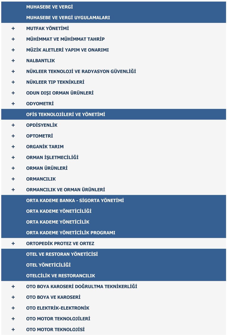 ORMANCILIK VE ORMAN ÜRÜNLERİ ORTA KADEME BANKA - SİGORTA YÖNETİMİ ORTA KADEME YÖNETİCİLİĞİ ORTA KADEME YÖNETİCİLİK ORTA KADEME YÖNETİCİLİK PROGRAMI + ORTOPEDİK PROTEZ VE ORTEZ OTEL VE