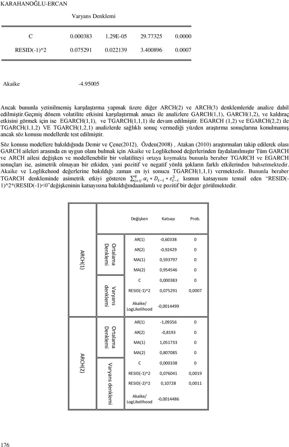 geçmiş dönem volatilite etkisini karşılaştırmak amacı ile analizlere GARCH(1,1), GARCH(1,2), ve kaldıraç etkisini görmek için ise EGARCH(1,1), ve TGARCH(1,1,1) ile devam edilmiştir.