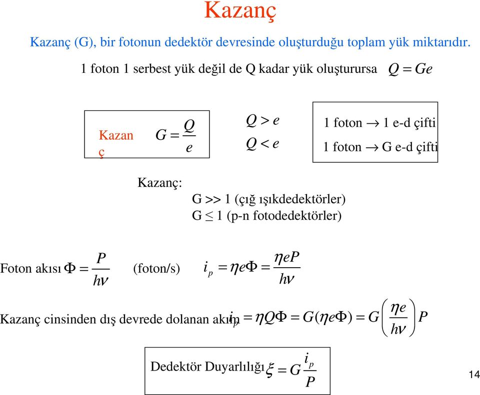 çifti 1 foto G - çifti Kazaç: G >> 1 (çığ ışıkktörlr) G 1 (- fotoktörlr) Φ = P hν Foto