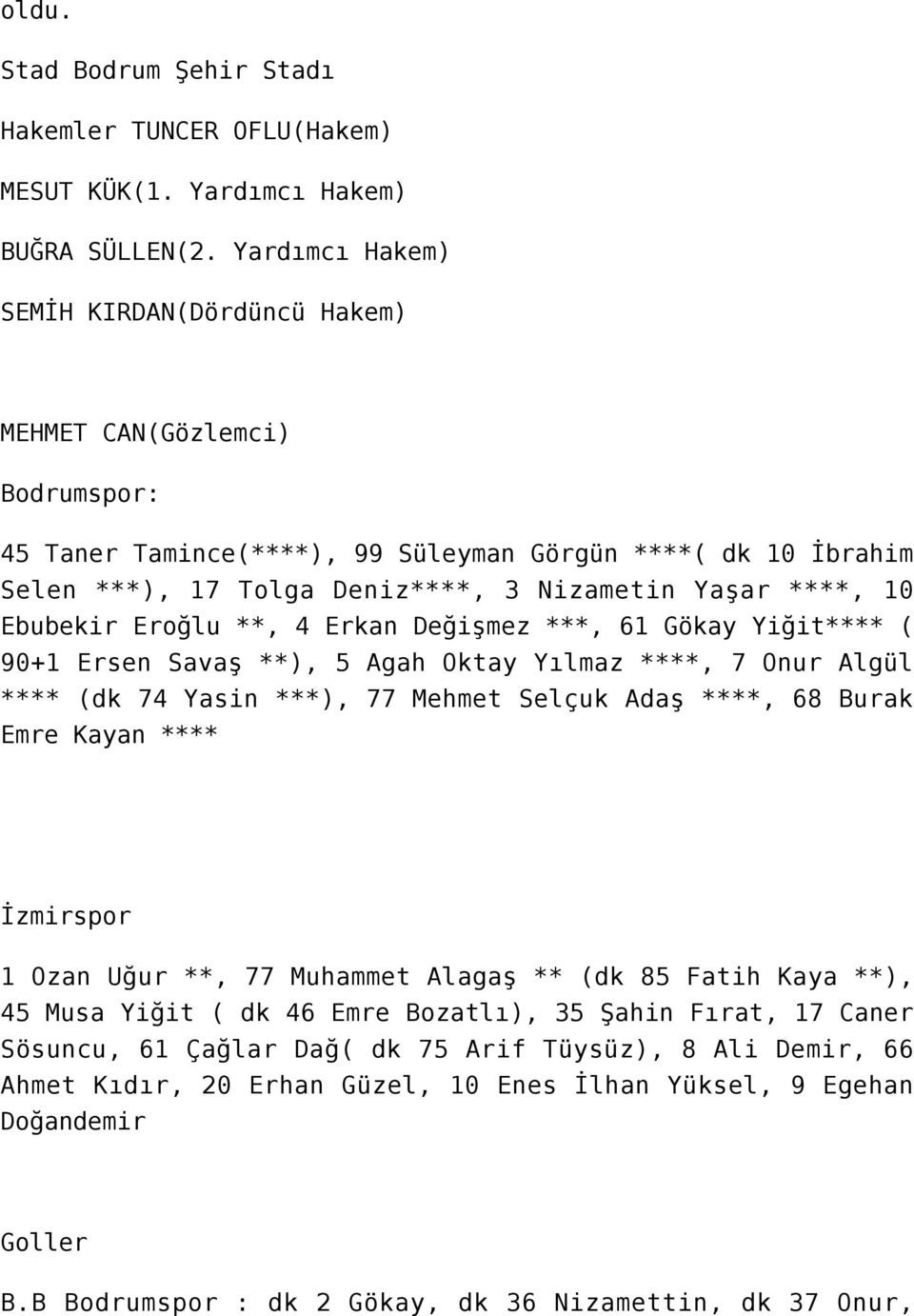 Ebubekir Eroğlu **, 4 Erkan Değişmez ***, 61 Gökay Yiğit**** ( 90+1 Ersen Savaş **), 5 Agah Oktay Yılmaz ****, 7 Onur Algül **** (dk 74 Yasin ***), 77 Mehmet Selçuk Adaş ****, 68 Burak Emre Kayan