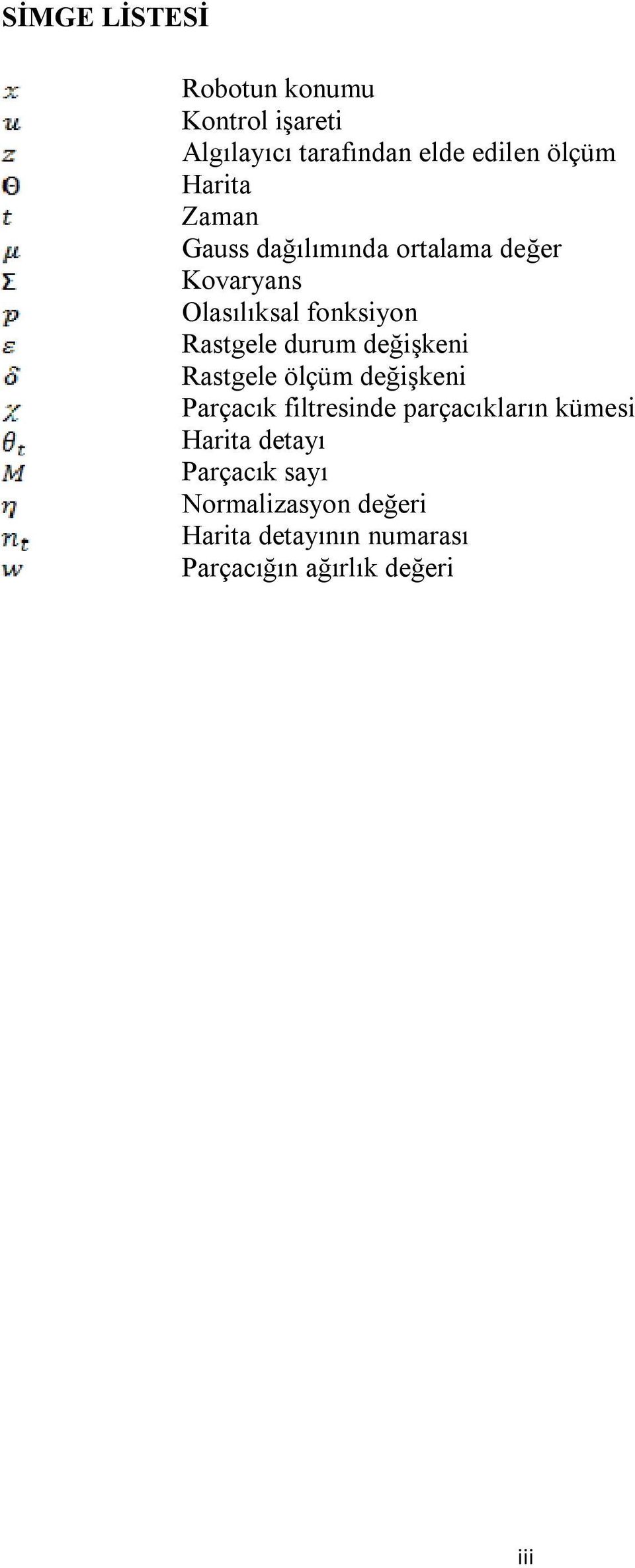 durum değişkeni Rastgele ölçüm değişkeni Parçacık filtresinde parçacıkların kümesi Harita