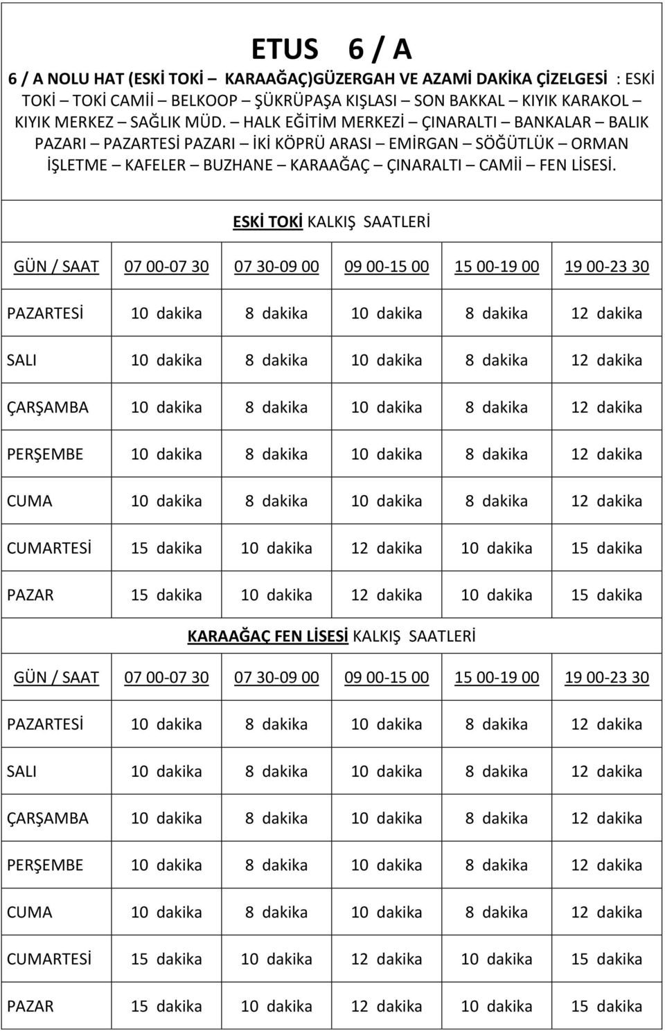 ESKİ TOKİ KALKIŞ SAATLERİ GÜN / SAAT 07 00-07 30 07 30-09 00 09 00-15 00 15 00-19 00 19 00-23 30 PAZARTESİ 10 dakika 8 dakika 10 dakika 8 dakika 12 dakika SALI 10 dakika 8 dakika 10 dakika 8 dakika