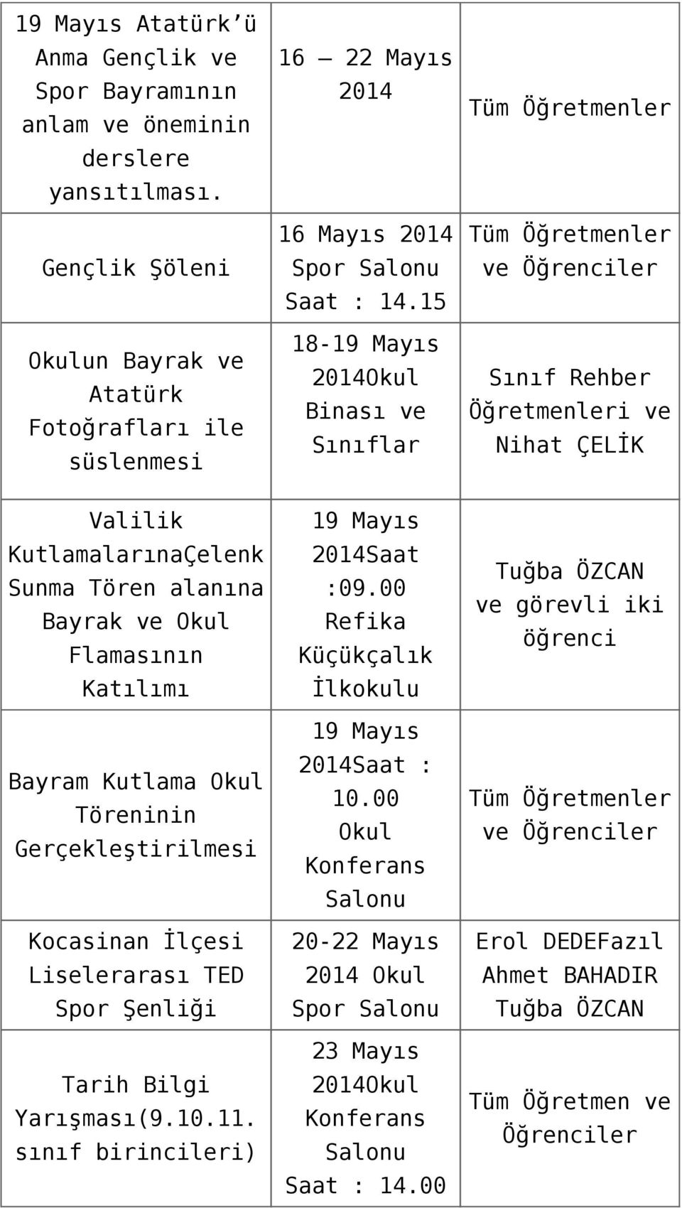 15 18-19 Mayıs 2014Okul Binası ve Sınıflar Valilik KutlamalarınaÇelenk 19 Mayıs 2014Saat Sunma Tören alanına Bayrak ve Okul :09.