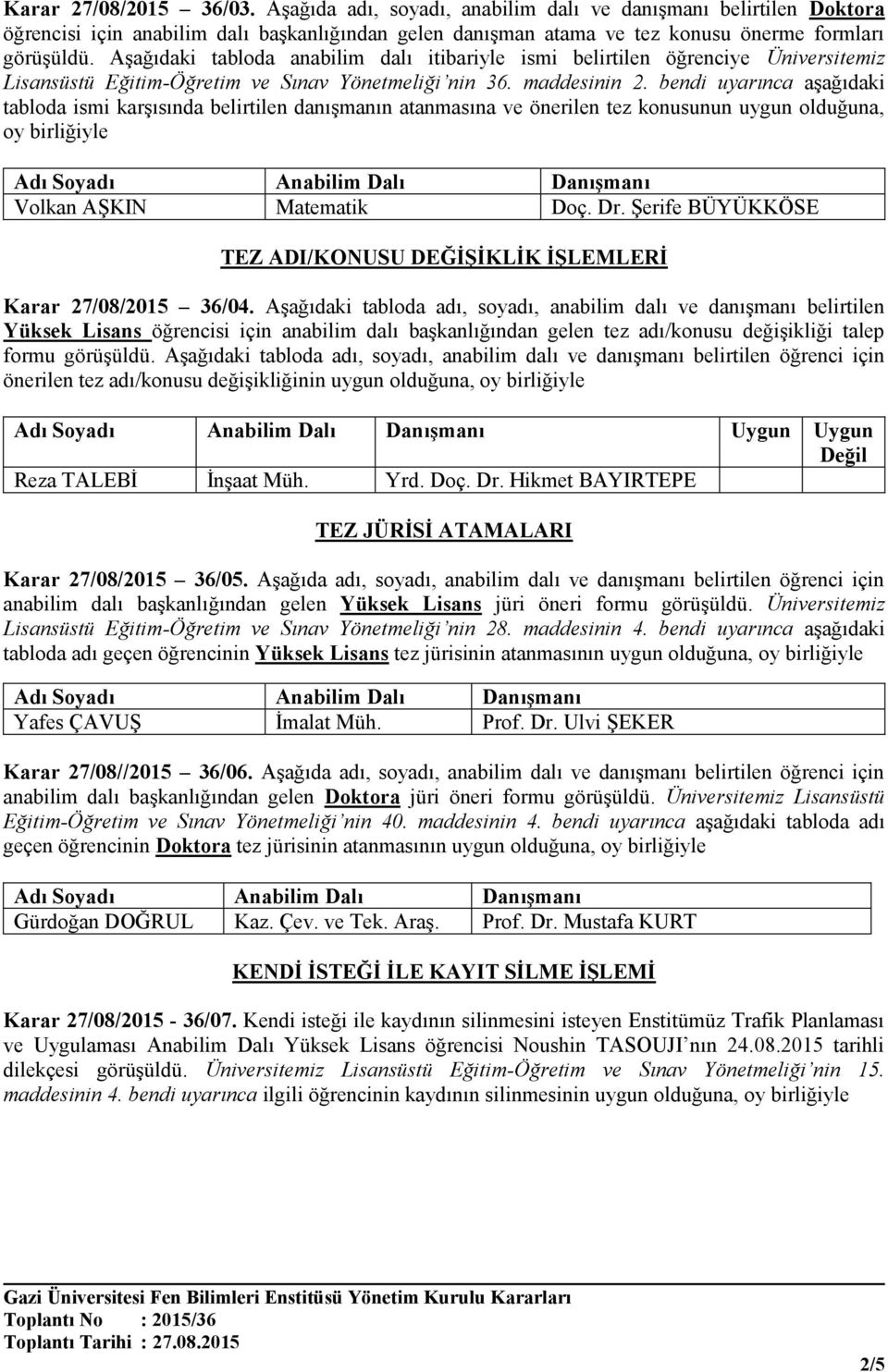 bendi uyarınca aşağıdaki tabloda ismi karşısında belirtilen danışmanın atanmasına ve önerilen tez konusunun uygun olduğuna, oy birliğiyle Volkan AŞKIN Matematik Doç. Dr.