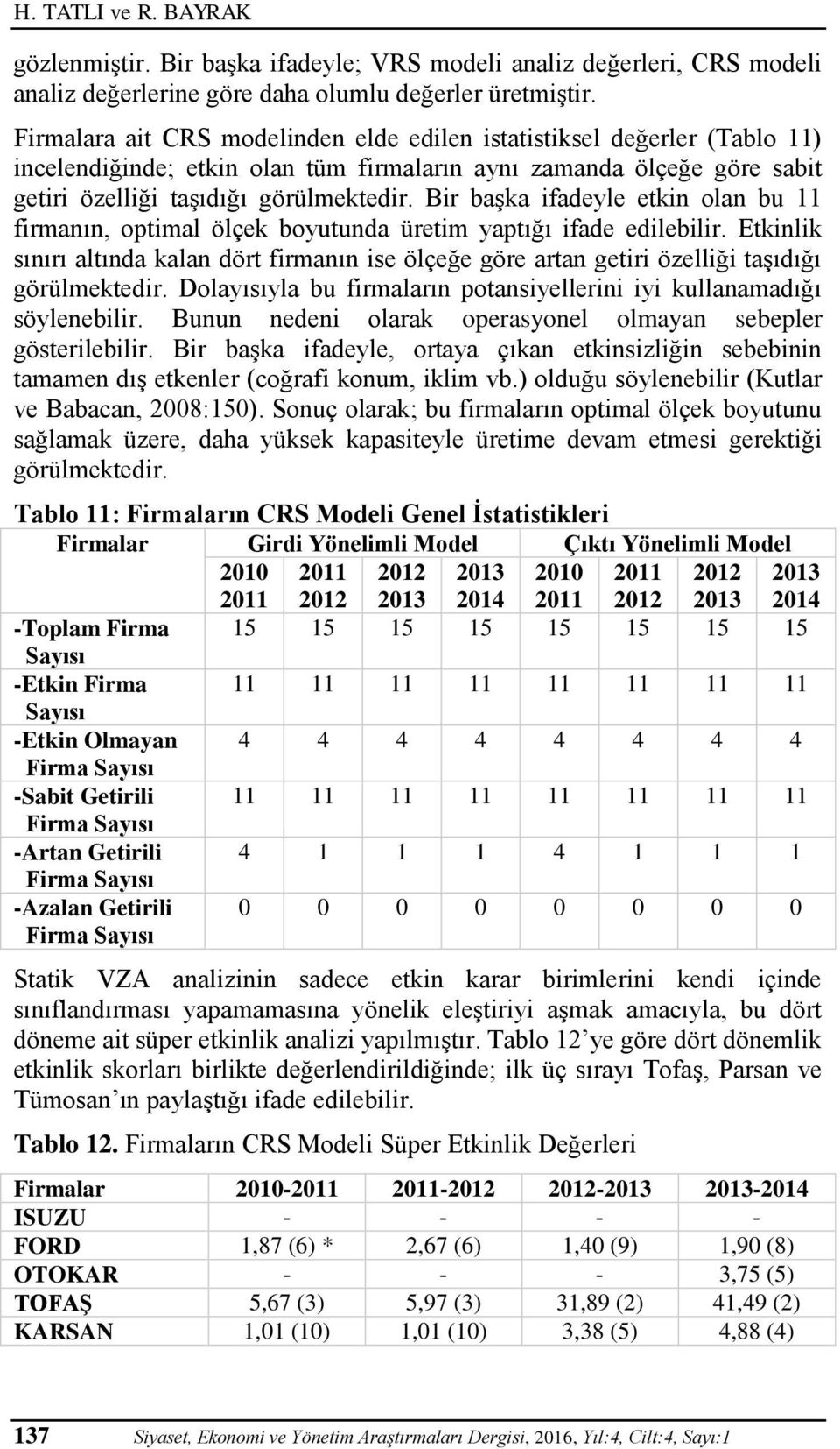 Bir başka ifadeyle etkin olan bu 11 firmanın, optimal ölçek boyutunda üretim yaptığı ifade edilebilir.