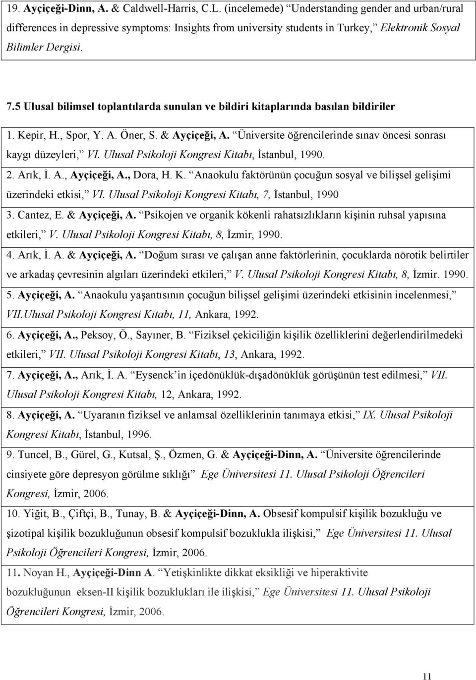 5 Ulusal bilimsel toplantılarda sunulan ve bildiri kitaplarında basılan bildiriler 1. Kepir, H., Spor, Y. A. Öner, S. & Ayçiçeği, A. Üniversite öğrencilerinde sınav öncesi sonrası kaygı düzeyleri, VI.