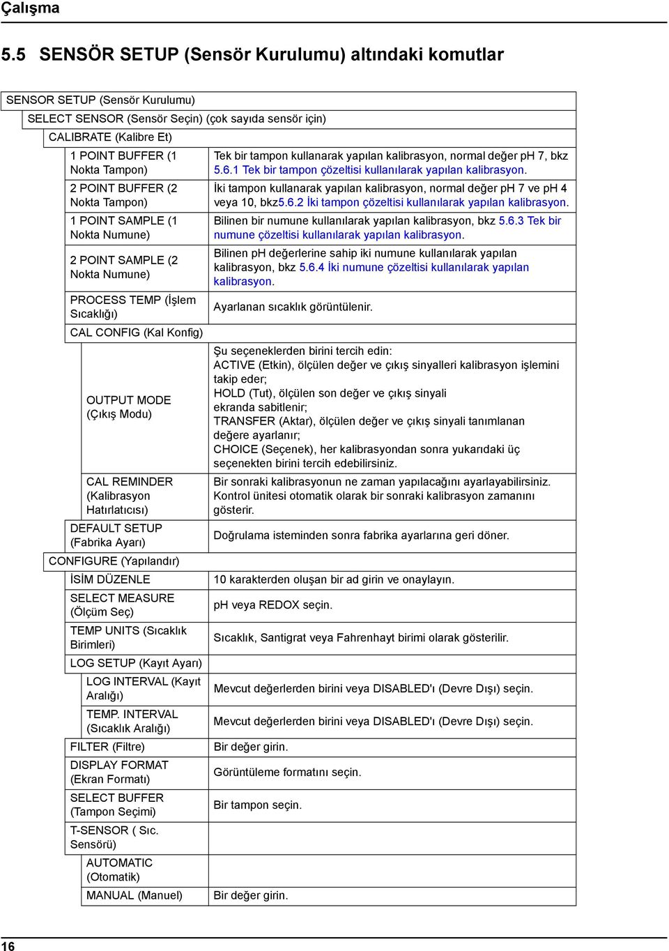 BUFFER (2 Nokta Tampon) 1 POINT SAMPLE (1 Nokta Numune) 2 POINT SAMPLE (2 Nokta Numune) PROCESS TEMP (İşlem Sıcaklığı) CAL CONFIG (Kal Konfig) OUTPUT MODE (Çıkış Modu) CAL REMINDER (Kalibrasyon