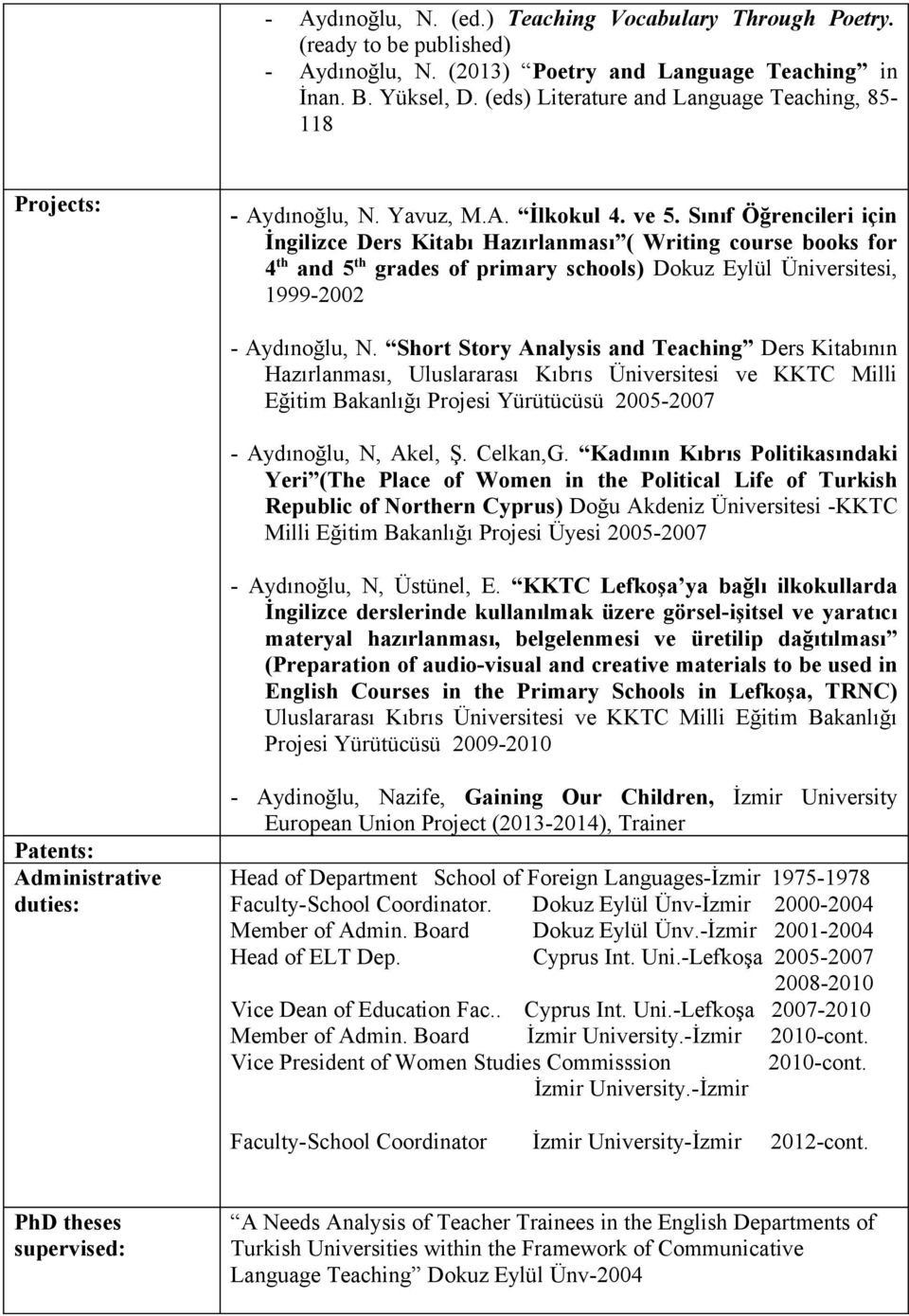 Sınıf Öğrencileri için İngilizce Ders Kitabı Hazırlanması ( Writing course books for 4 th and 5 th grades of primary schools) Dokuz Eylül Üniversitesi, 1999-2002 - Aydınoğlu, N.