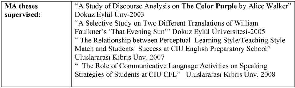 between Perceptual Learning Style/Teaching Style Match and Students Success at CIU English Preparatory School Uluslararası