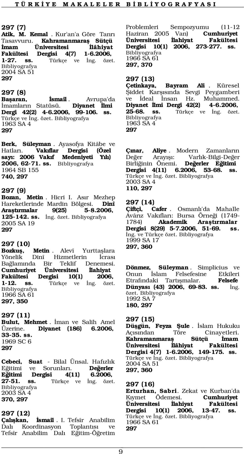 Diyanet lmi Dergi 42(2) 4-6.2006, 99-106. ss. Türkçe ve ng. özet. 1963 SA 4 297 Berk, Süleyman. Ayasofya Kitâbe ve Hatlar. Vak flar Dergisi (Özel say : 2006 Vak f Medeniyeti Y l ) 2006, 62-71. ss. 1964 SB 155 740, 297 297 (9) Bozan, Metin.