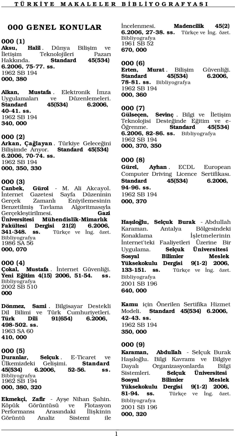 Türkiye Gelece ini 000, 370, 350 Biliflimde Ar yor. Standard 45(534) 6.2006, 70-74. ss. 1962 SB 194 000, 350, 330 000 (3) Canbek, Gürol - M. Ali Akcayol.