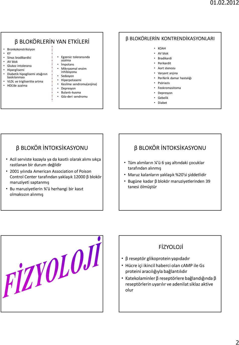 blok Bradikardi Perikardit Aort stenozu Varyant anjina Periferik damar hastalığı Psöriazis Feokromasitoma Depresyon Gebelik Diabet β BLOKÖR İNTOKSİKASYONU Acil serviste kazayla ya da kasıtlı olarak