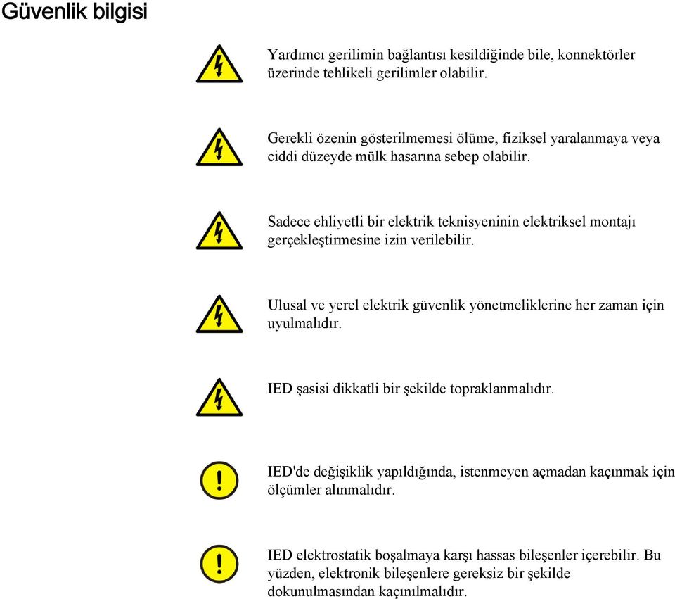 Sadece ehliyetli bir elektrik teknisyeninin elektriksel montajı gerçekleştirmesine izin verilebilir.