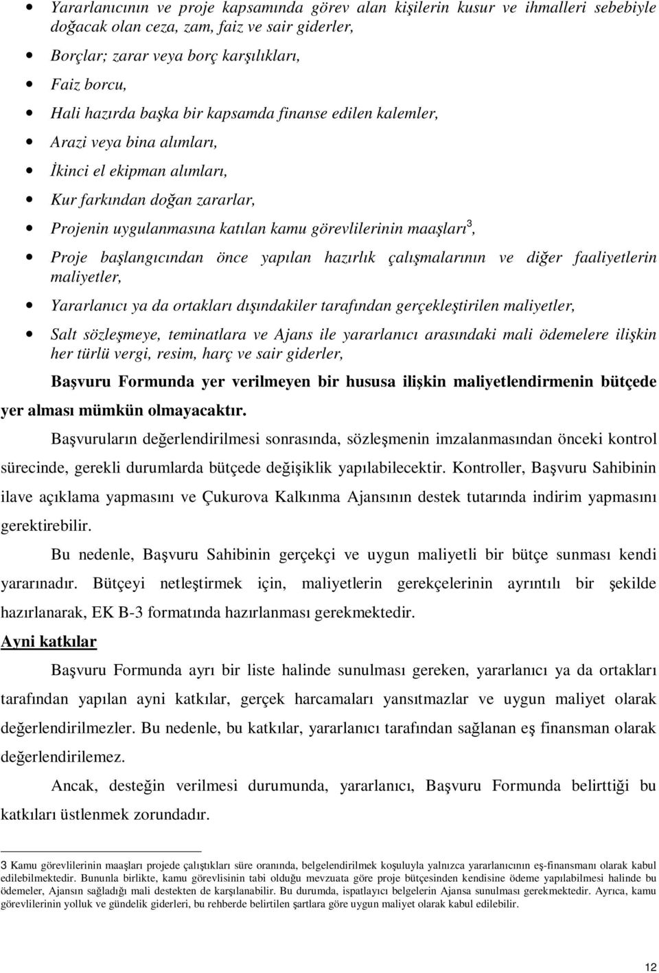 başlangıcından önce yapılan hazırlık çalışmalarının ve diğer faaliyetlerin maliyetler, Yararlanıcı ya da ortakları dışındakiler tarafından gerçekleştirilen maliyetler, Salt sözleşmeye, teminatlara ve