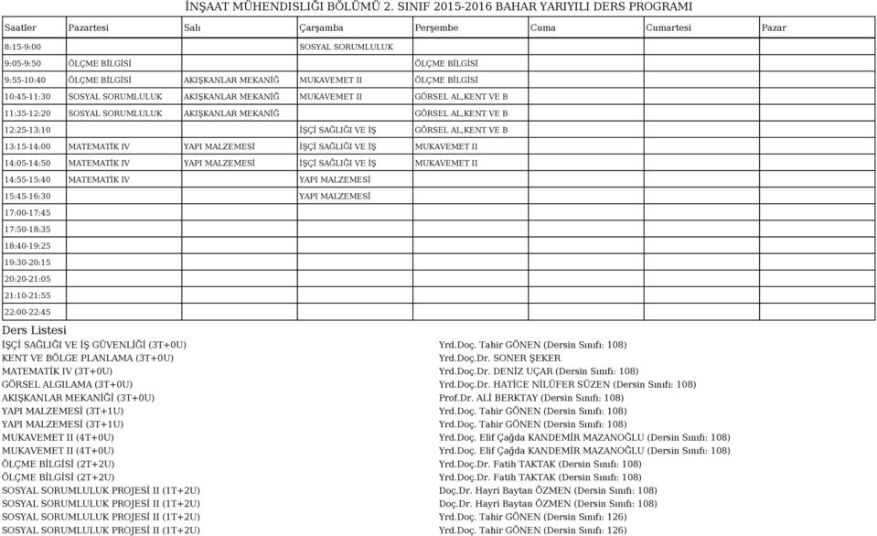 Doç. Tahir GÖNEN (Dersin Sınıfı: 108) (3T+1U) Yrd.Doç. Tahir GÖNEN (Dersin Sınıfı: 108) (4T+0U) Yrd.Doç. Elif Çağda KANDEMİR MAZANOĞLU (Dersin Sınıfı: 108) (4T+0U) Yrd.Doç. Elif Çağda KANDEMİR MAZANOĞLU (Dersin Sınıfı: 108) (2T+2U) Yrd.