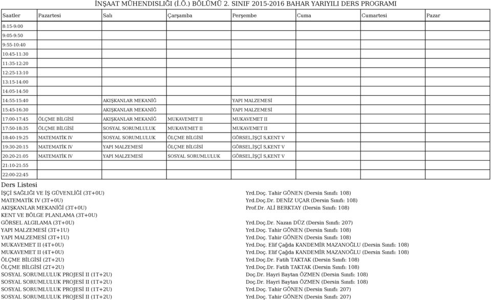 Doç. Tahir GÖNEN (Dersin Sınıfı: 108) (4T+0U) Yrd.Doç. Elif Çağda KANDEMİR MAZANOĞLU (Dersin Sınıfı: 108) (4T+0U) Yrd.Doç. Elif Çağda KANDEMİR MAZANOĞLU (Dersin Sınıfı: 108) (2T+2U) Yrd.Doç.Dr.
