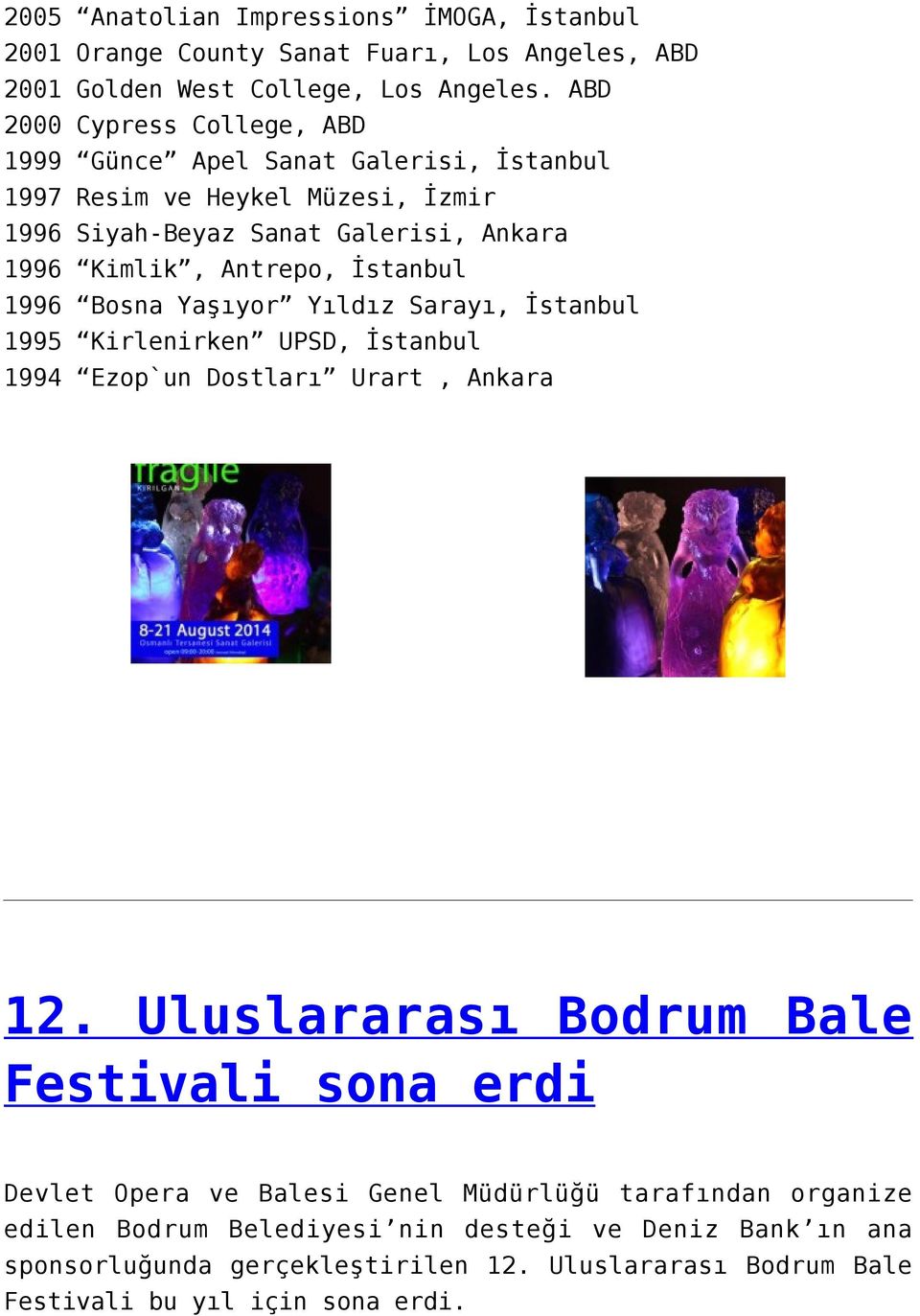 İstanbul 1996 Bosna Yaşıyor Yıldız Sarayı, İstanbul 1995 Kirlenirken UPSD, İstanbul 1994 Ezop`un Dostları Urart, Ankara 12.