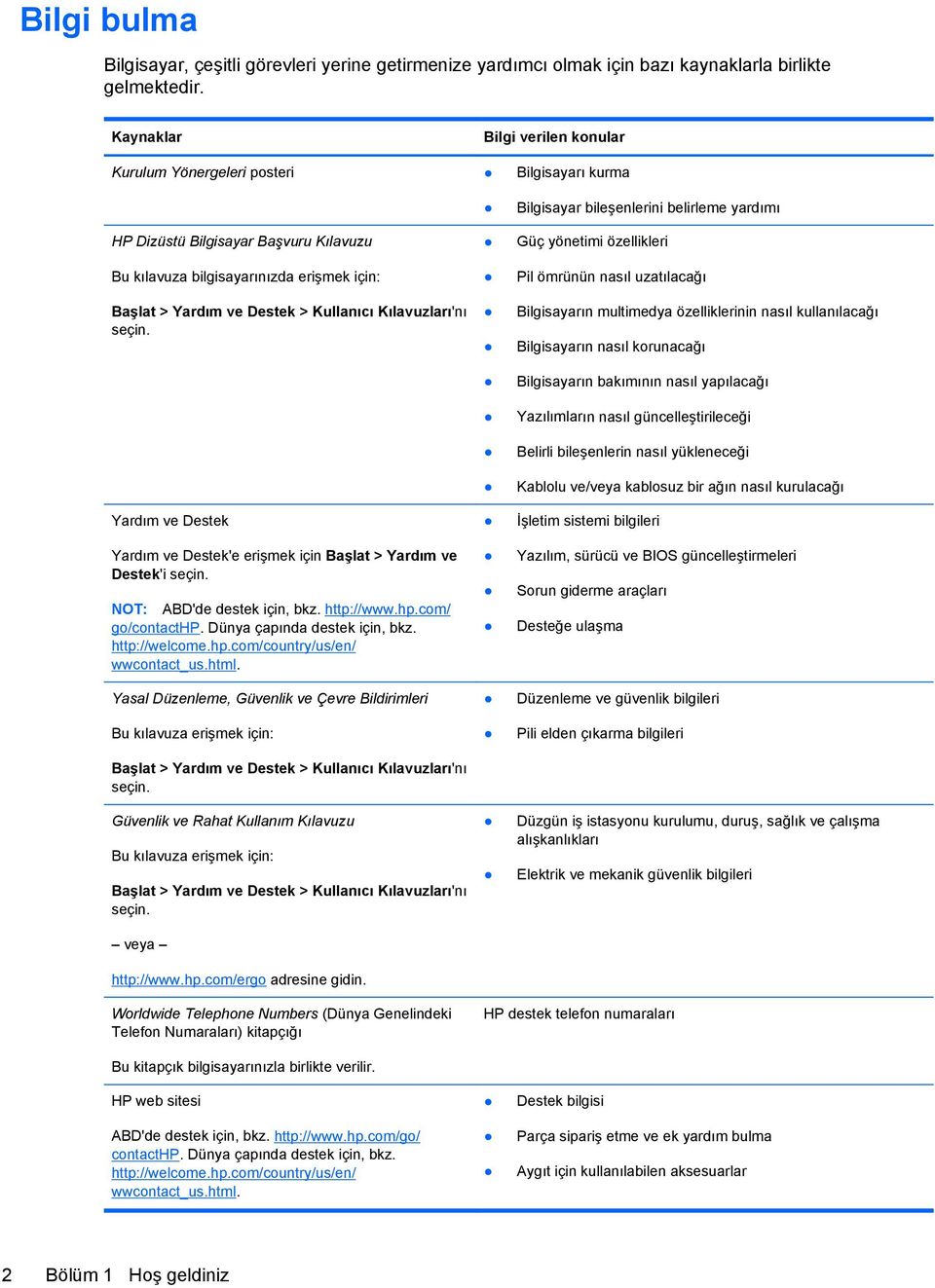 Kılavuzları'nı seçin. Yardım ve Destek Yardım ve Destek'e erişmek için Başlat > Yardım ve Destek'i seçin. NOT: ABD'de destek için, bkz. http://www.hp.com/ go/contacthp. Dünya çapında destek için, bkz.