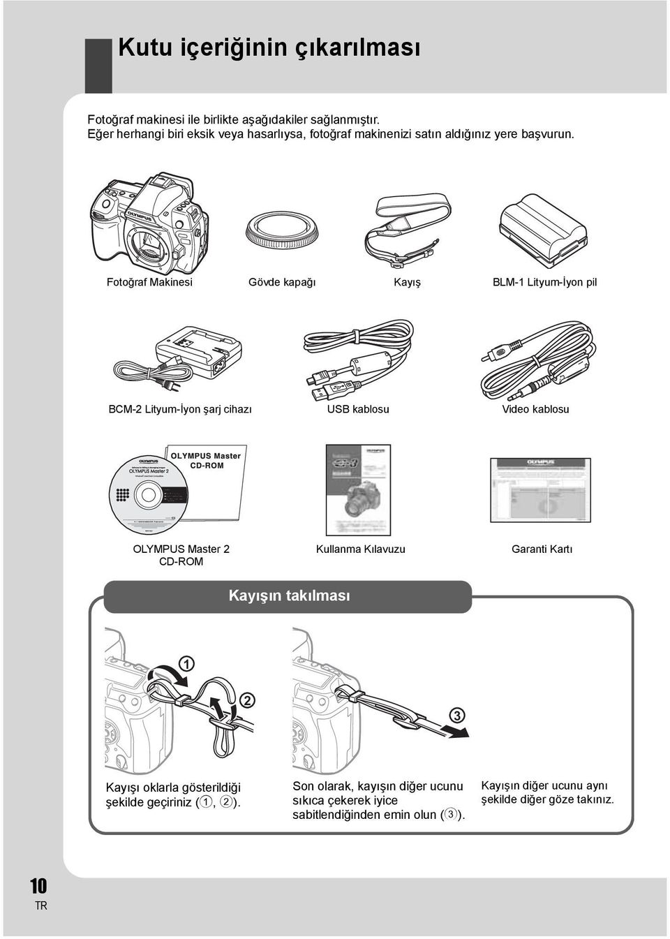 Fotoğraf Makinesi Gövde kapağı Kayış BLM-1 Lityum-İyon pil BCM-2 Lityum-İyon şarj cihazı USB kablosu Video kablosu OLYMPUS Master 2 CD-ROM