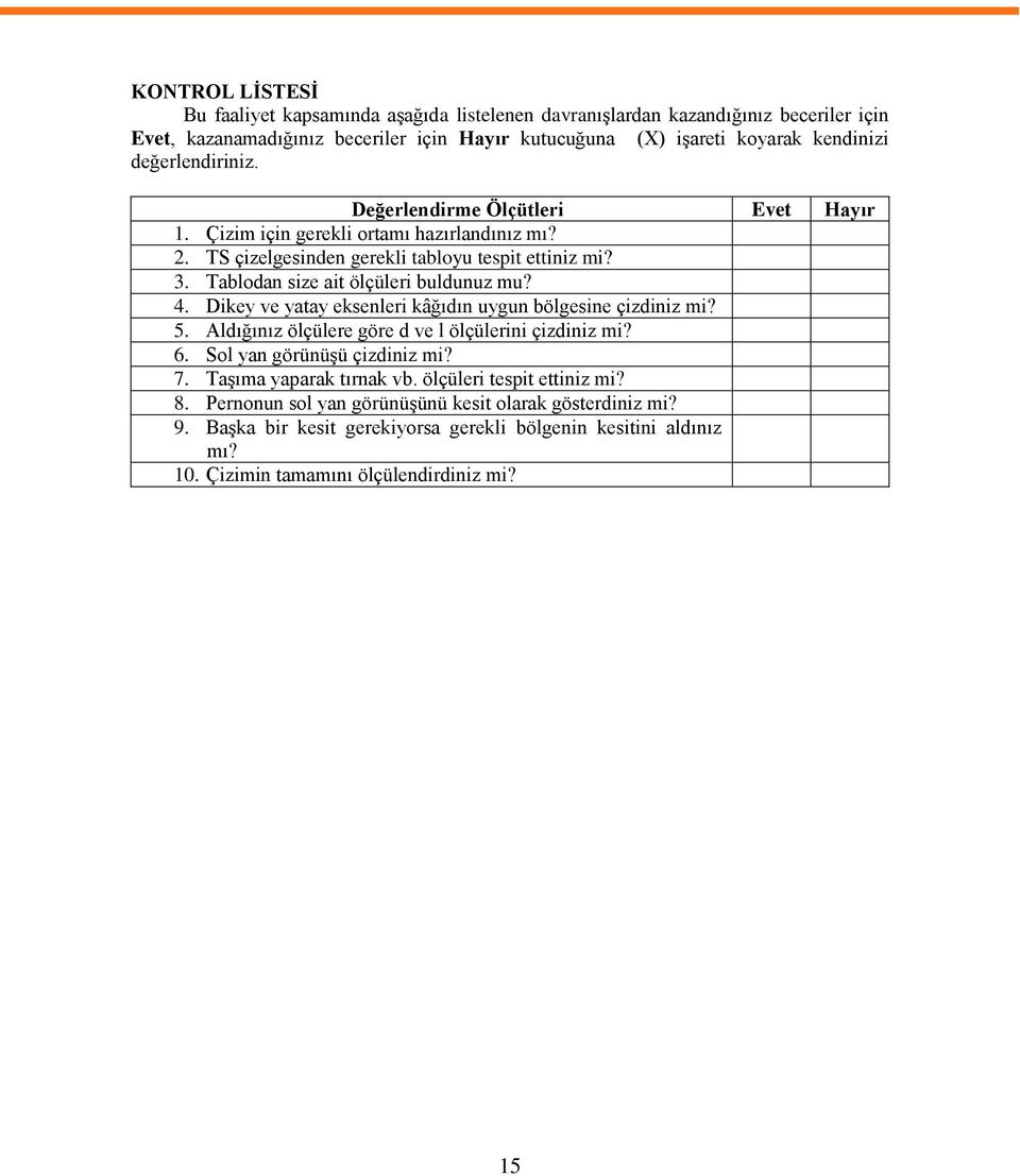 Tablodan size ait ölçüleri buldunuz mu? 4. Dikey ve yatay eksenleri kâğıdın uygun bölgesine çizdiniz mi? 5. Aldığınız ölçülere göre d ve l ölçülerini çizdiniz mi? 6.