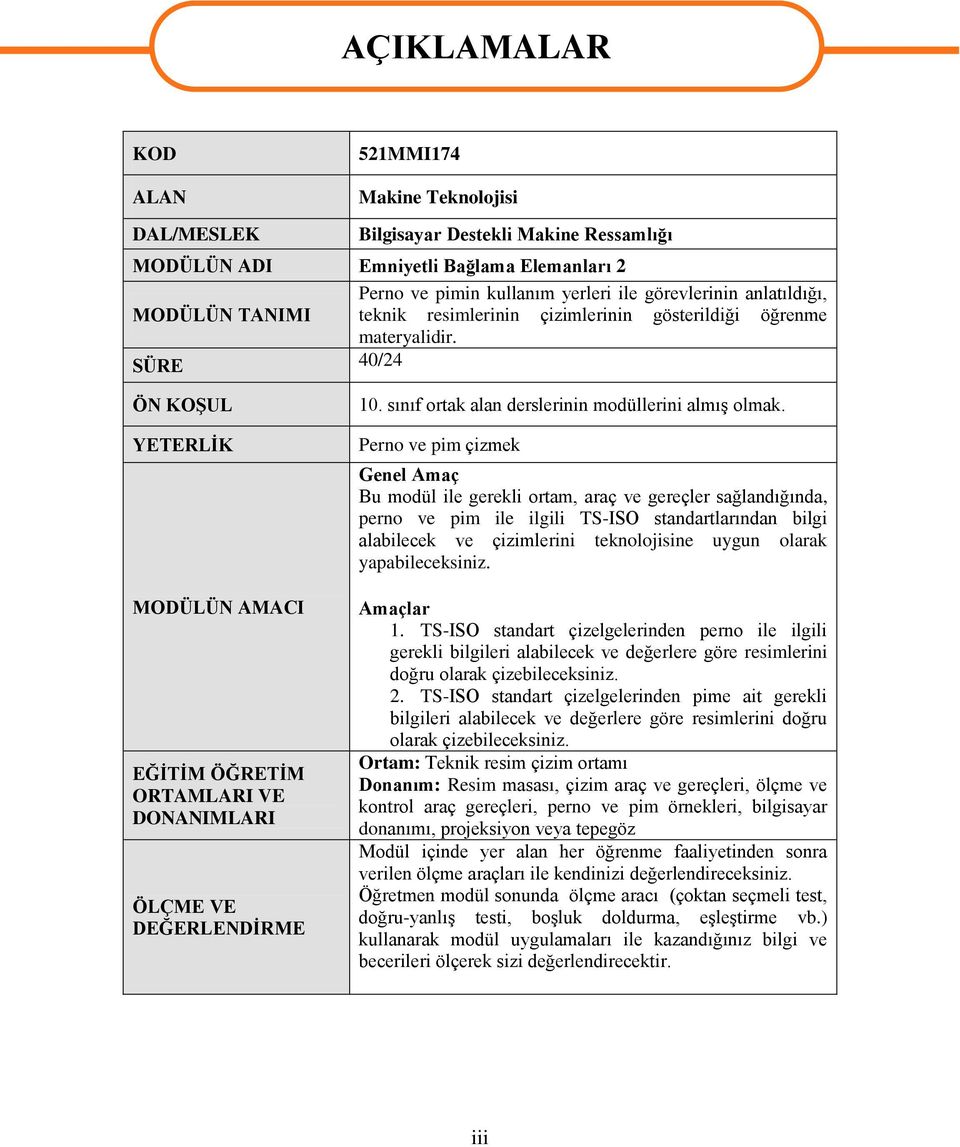 SÜRE 40/24 ÖN KOġUL YETERLĠK MODÜLÜN AMACI EĞĠTĠM ÖĞRETĠM ORTAMLARI VE DONANIMLARI ÖLÇME VE DEĞERLENDĠRME 10. sınıf ortak alan derslerinin modüllerini almıģ olmak.