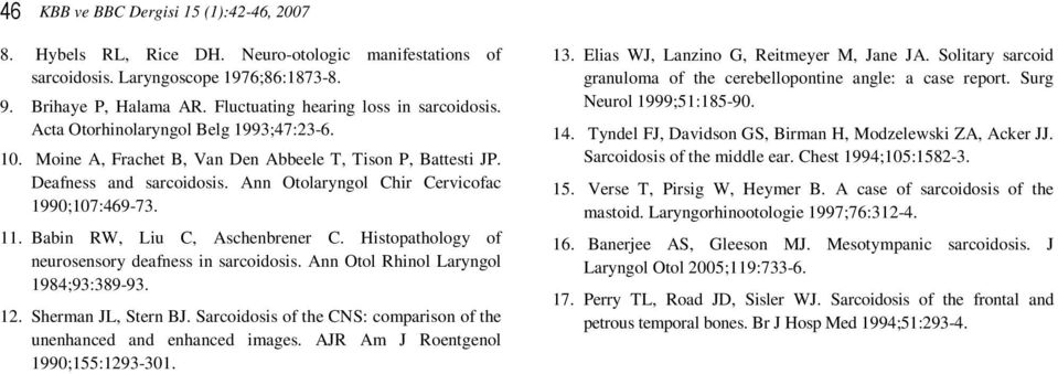Ann Otolaryngol Chir Cervicofac 1990;107:469-73. 11. Babin RW, Liu C, Aschenbrener C. Histopathology of neurosensory deafness in sarcoidosis. Ann Otol Rhinol Laryngol 1984;93:389-93. 12.