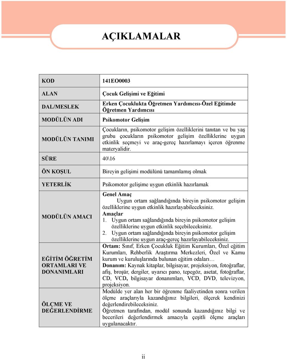 ÖN KOŞUL YETERLİK MODÜLÜN AMACI EĞİTİM ÖĞRETİM ORTAMLARI VE DONANIMLARI ÖLÇME VE DEĞERLENDİRME Bireyin gelişimi modülünü tamamlamış olmak Psikomotor gelişime uygun etkinlik hazırlamak Genel Amaç