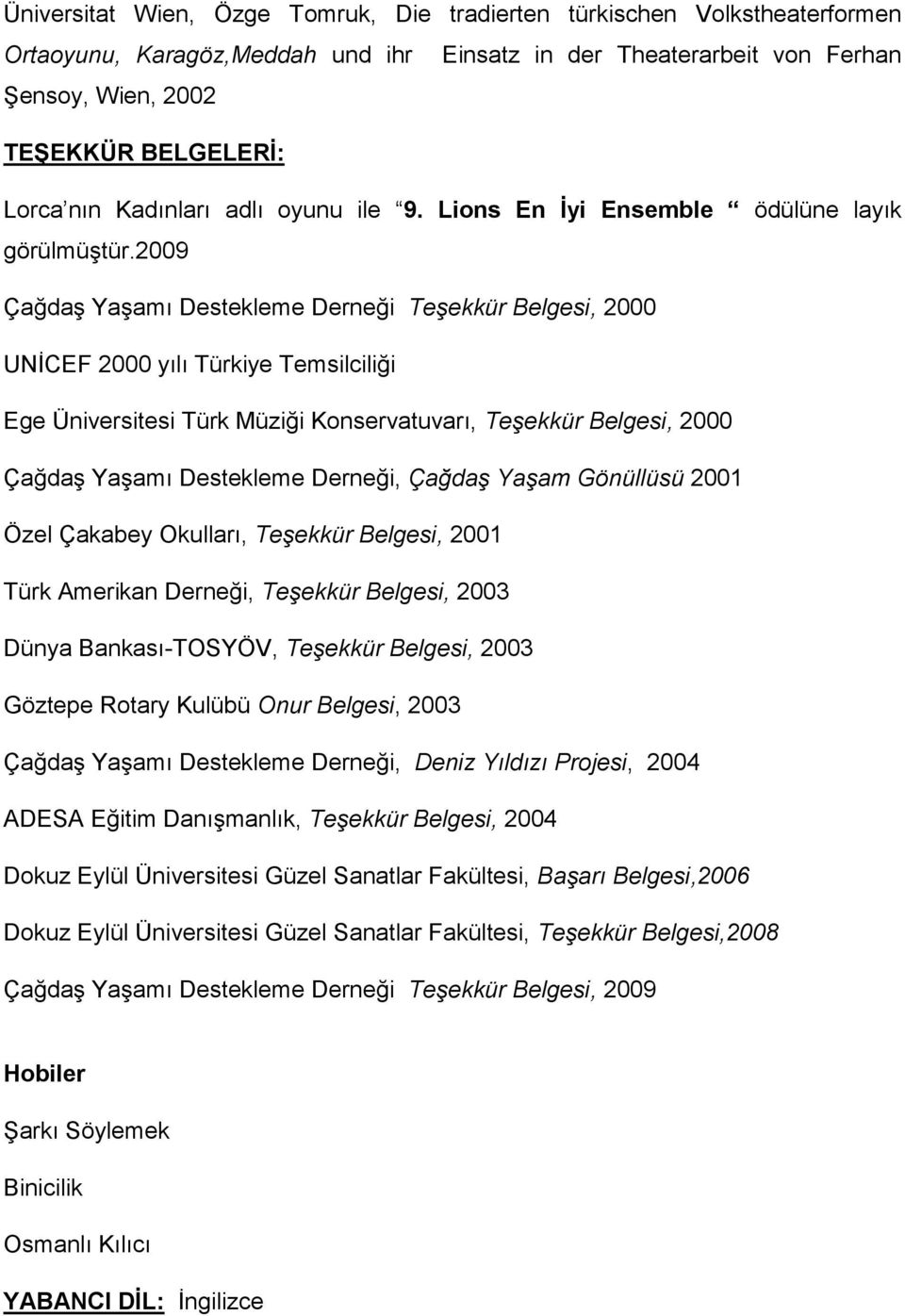 2009 Çağdaş Yaşamı Destekleme Derneği Teşekkür Belgesi, 2000 UNİCEF 2000 yılı Türkiye Temsilciliği Ege Üniversitesi Türk Müziği Konservatuvarı, Teşekkür Belgesi, 2000 Çağdaş Yaşamı Destekleme