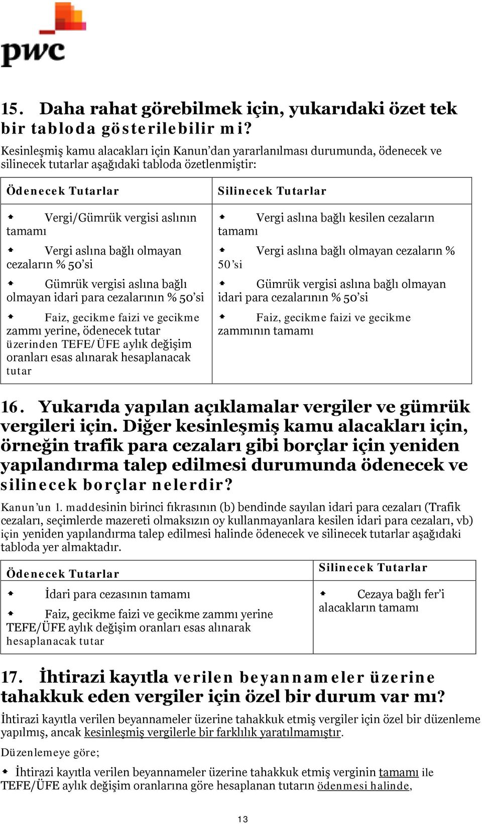 bağlı olmayan cezaların % 50 si Gümrük vergisi aslına bağlı olmayan idari para cezalarının % 50 si Faiz, gecikme faizi ve gecikme zammı yerine, ödenecek tutar üzerinden TEFE/ÜFE aylık değişim