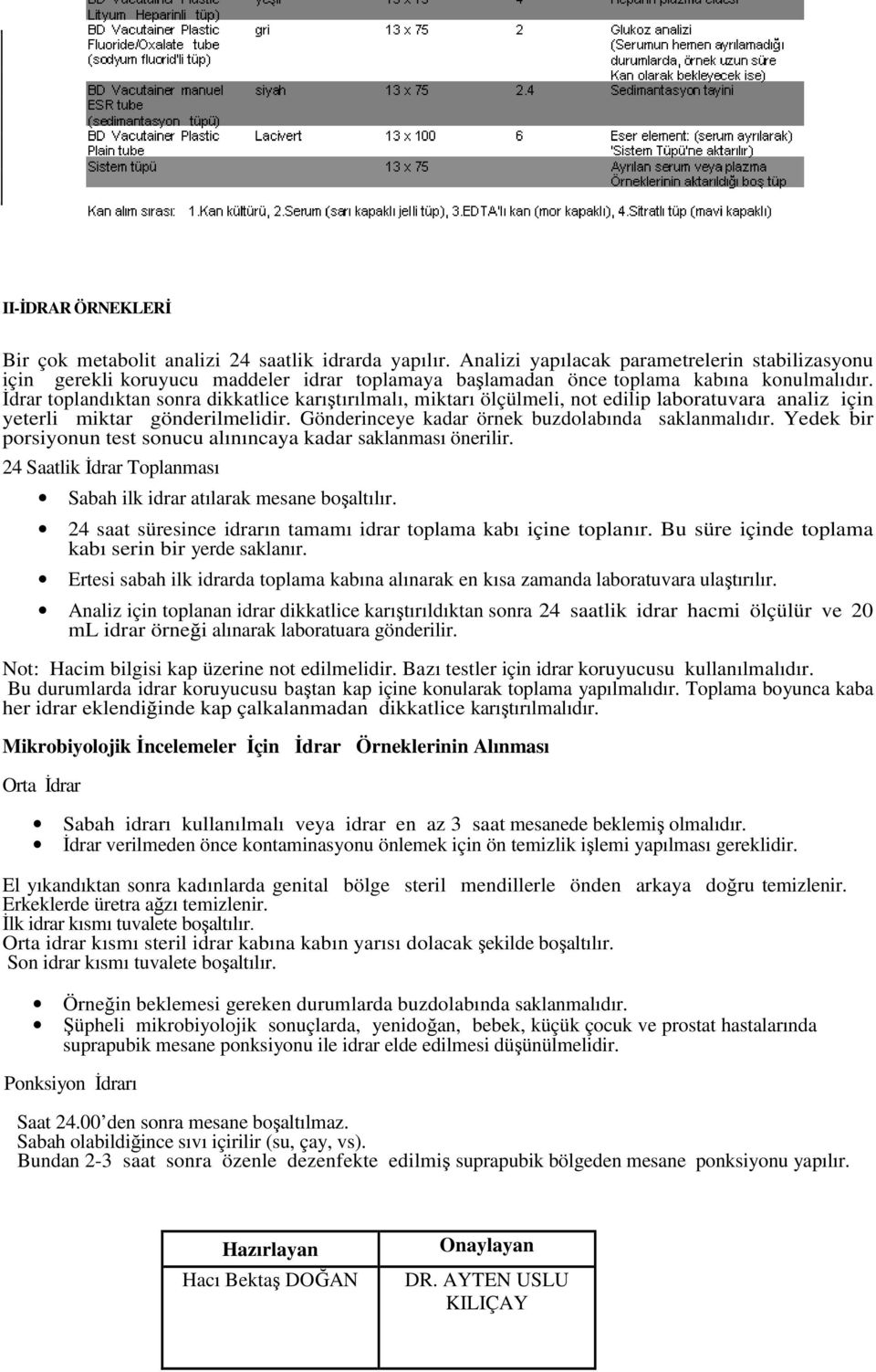 İdrar toplandıktan sonra dikkatlice karıştırılmalı, miktarı ölçülmeli, not edilip laboratuvara analiz için yeterli miktar gönderilmelidir. Gönderinceye kadar örnek buzdolabında saklanmalıdır.