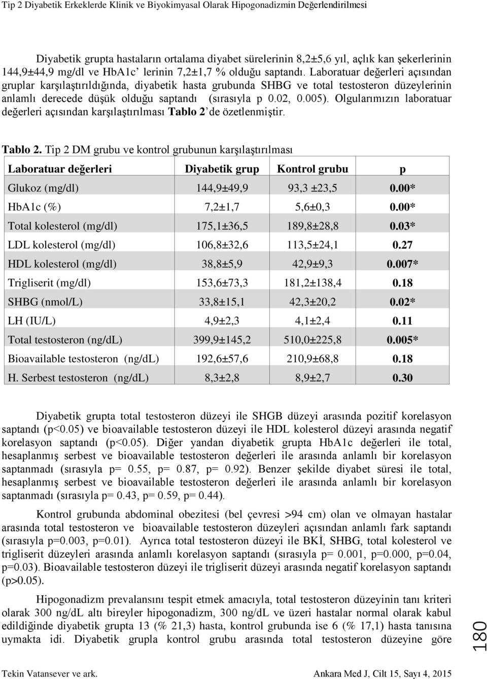 Olgularımızın laboratuar değerleri açısından karşılaştırılması Tablo 2 