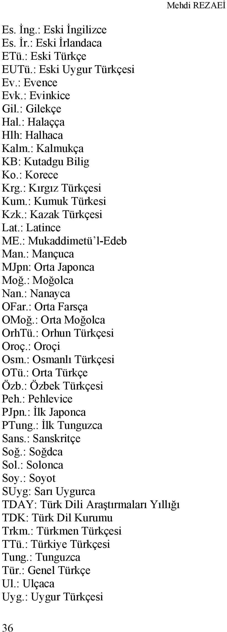 : Orta Moğolca OrhTü.: Orhun Türkçesi Oroç.: Oroçi Osm.: Osmanlı Türkçesi OTü.: Orta Türkçe Özb.: Özbek Türkçesi Peh.: Pehlevice PJpn.: İlk Japonca PTung.: İlk Tunguzca Sans.: Sanskritçe Soğ.