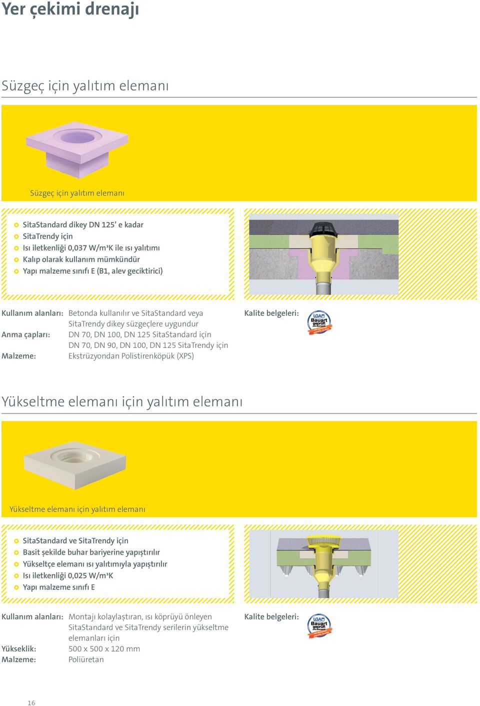 için DN 70, DN 90, DN 100, DN 125 SitaTrendy için Malzeme: Ekstrüzyondan Polistirenköpük (XPS) Kalite belgeleri: Yükseltme elemanı için yalıtım elemanı Yükseltme elemanı için yalıtım elemanı