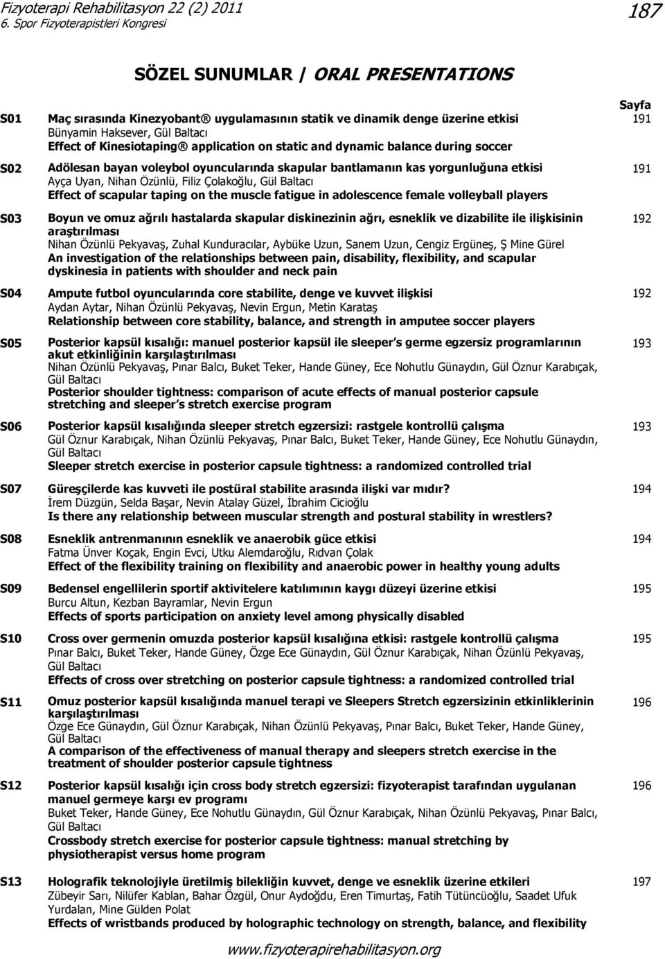 Özünlü, Filiz Çolakoğlu, Gül Baltacı Effect of scapular taping on the muscle fatigue in adolescence female volleyball players S03 Boyun ve omuz ağrılı hastalarda skapular diskinezinin ağrı, esneklik