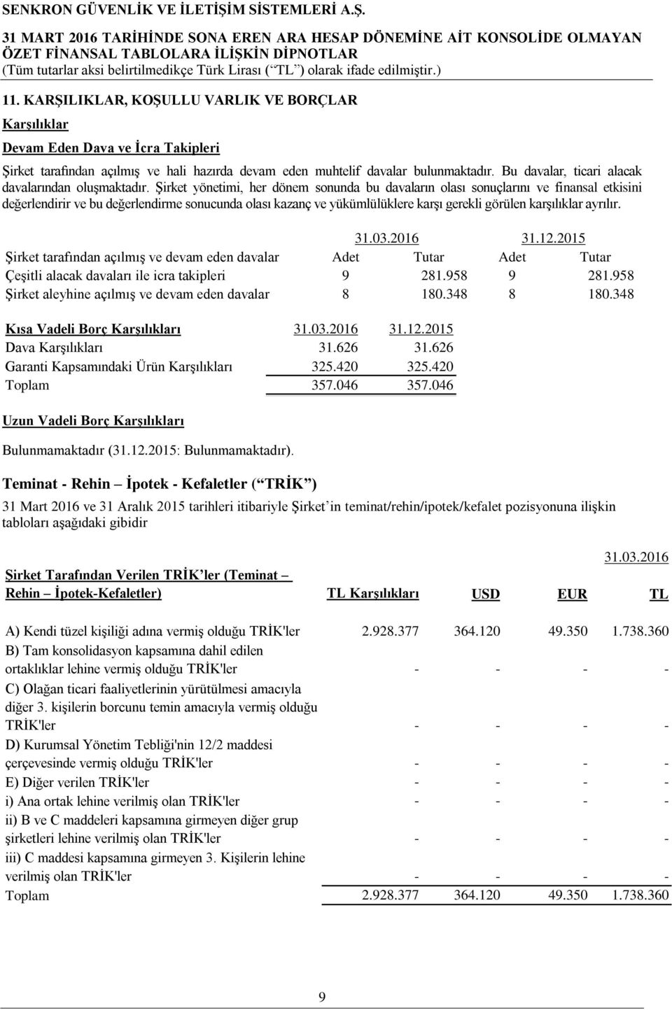 Şirket yönetimi, her dönem sonunda bu davaların olası sonuçlarını ve finansal etkisini değerlendirir ve bu değerlendirme sonucunda olası kazanç ve yükümlülüklere karşı gerekli görülen karşılıklar