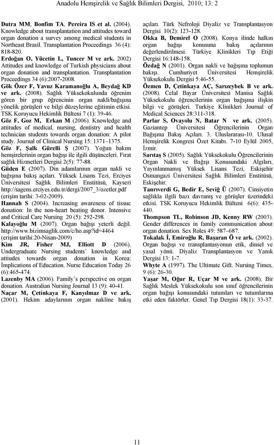 Transplantation Proceedings 34 (6):2007-2008. Gök Özer F, Yavuz Karamanoğlu A, Beydağ KD ve ark. (2008).