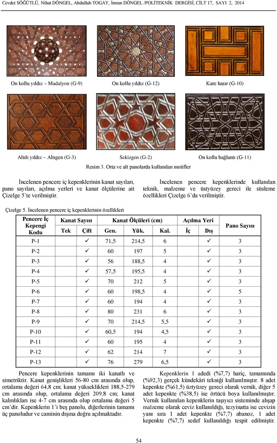 Orta ve alt panolarda kullanılan motifler İncelenen pencere iç kepenklerinin kanat sayıları, pano sayıları, açılma yerleri ve kanat ölçülerine ait Çizelge 5 te verilmiştir.