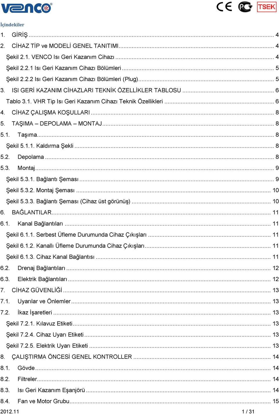 .. 8 Şekil 5.1.1. Kaldırma Şekli... 8 5.2. Depolama... 8 5.3. Montaj... 9 Şekil 5.3.1. Bağlantı Şeması... 9 Şekil 5.3.2. Montaj Şeması... 10 Şekil 5.3.3. Bağlantı Şeması (Cihaz üst görünüş)... 10 6.