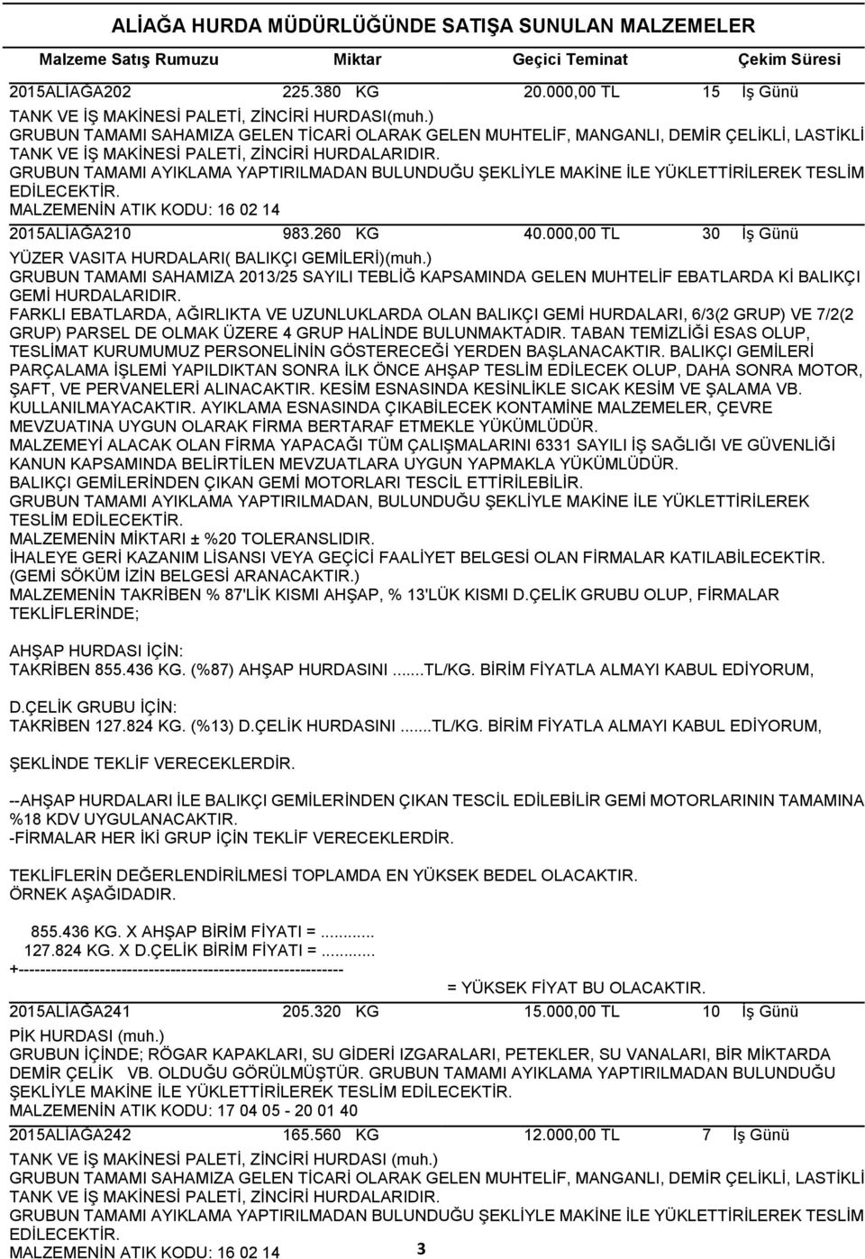 260 KG 40.000,00 TL 30 ĠĢ Günü YÜZER VASITA HURDALARI( BALIKÇI GEMĠLERĠ)(muh.) GRUBUN TAMAMI SAHAMIZA 2013/25 SAYILI TEBLĠĞ KAPSAMINDA GELEN MUHTELĠF EBATLARDA KĠ BALIKÇI GEMĠ HURDALARIDIR.