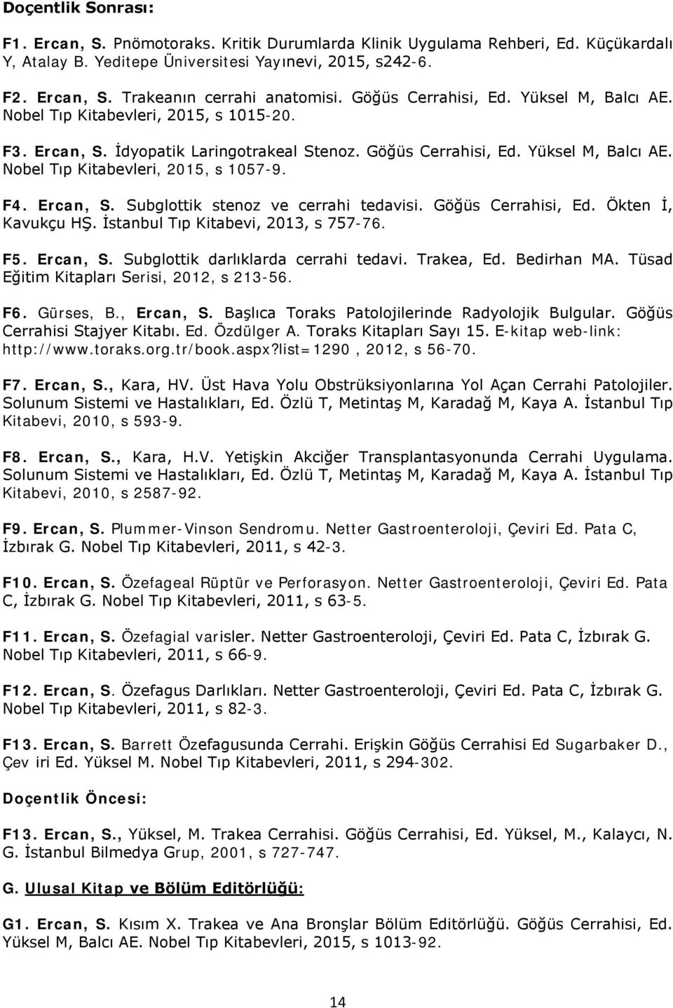 F4. Ercan, S. Subglottik stenoz ve cerrahi tedavisi. Göğüs Cerrahisi, Ed. Ökten İ, Kavukçu HŞ. İstanbul Tıp Kitabevi, 2013, s 757-76. F5. Ercan, S. Subglottik darlıklarda cerrahi tedavi. Trakea, Ed.