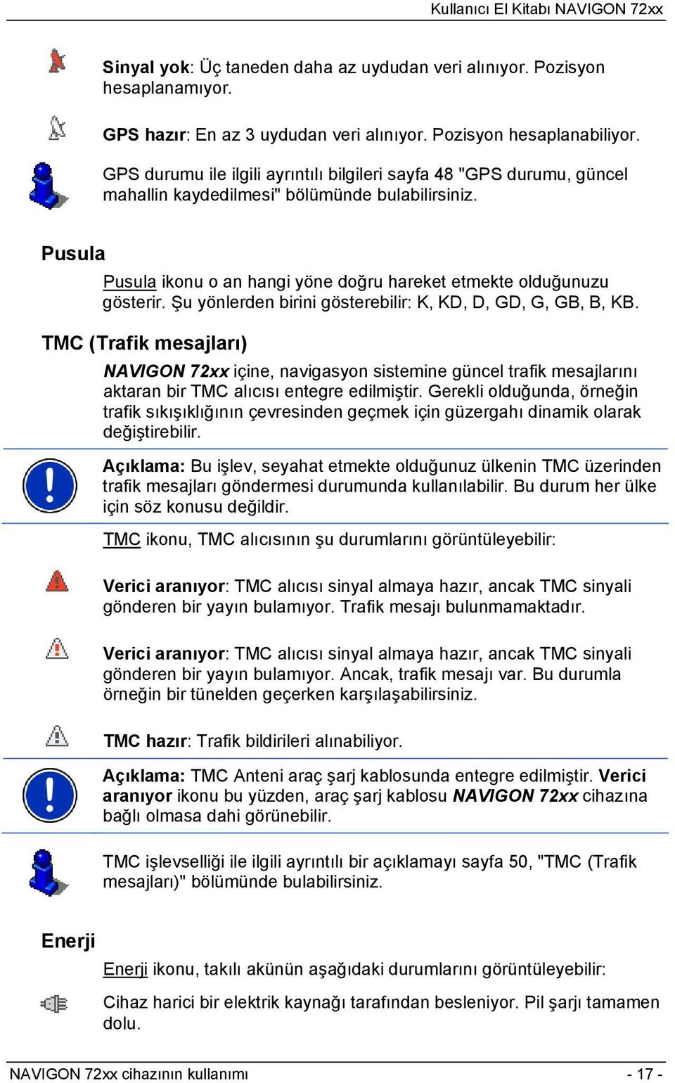 Şu yönlerden birini gösterebilir: K, KD, D, GD, G, GB, B, KB. TMC (Trafik mesajları) NAVIGON 72xx içine, navigasyon sistemine güncel trafik mesajlarını aktaran bir TMC alıcısı entegre edilmiştir.