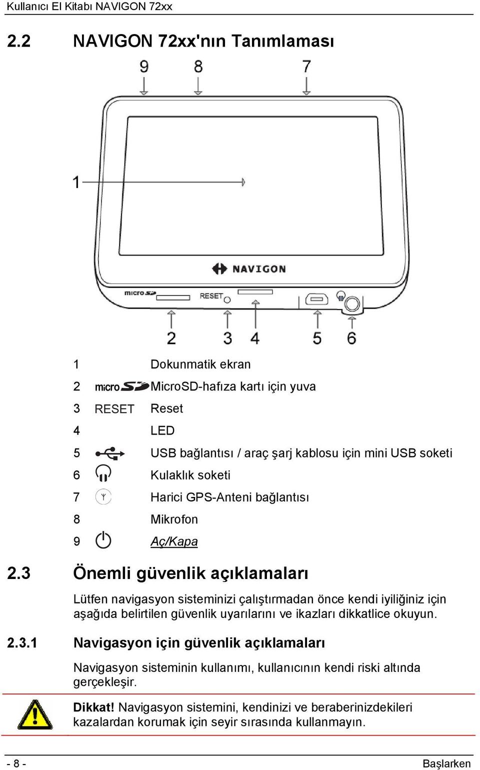 3 Önemli güvenlik açıklamaları Lütfen navigasyon sisteminizi çalıştırmadan önce kendi iyiliğiniz için aşağıda belirtilen güvenlik uyarılarını ve ikazları