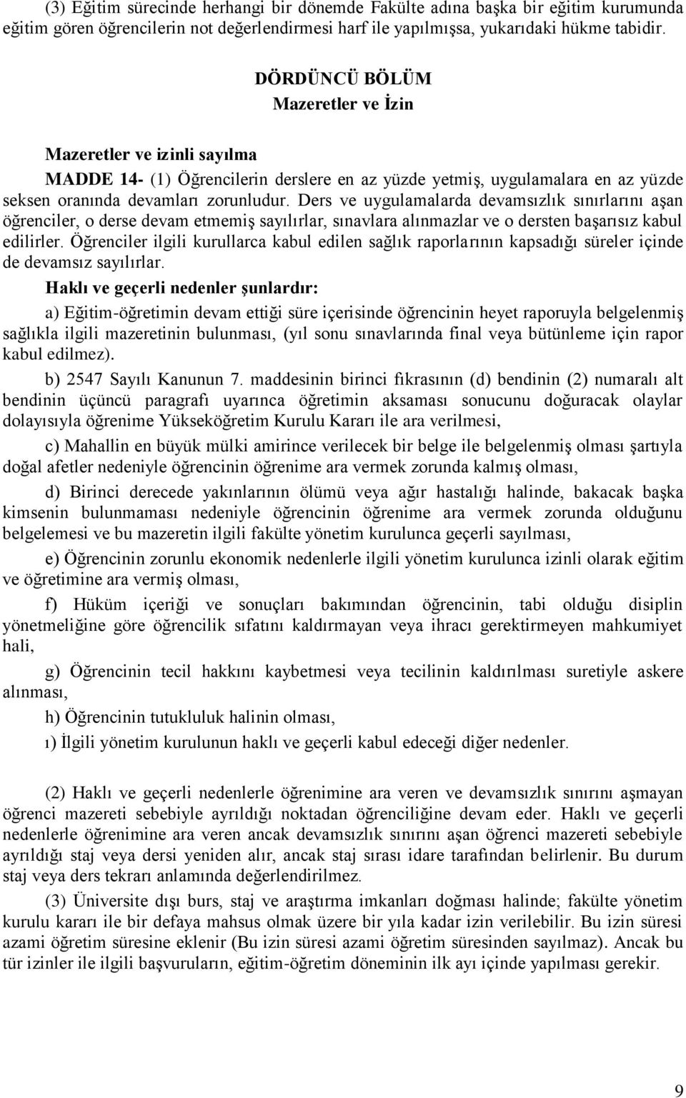 Ders ve uygulamalarda devamsızlık sınırlarını aşan öğrenciler, o derse devam etmemiş sayılırlar, sınavlara alınmazlar ve o dersten başarısız kabul edilirler.