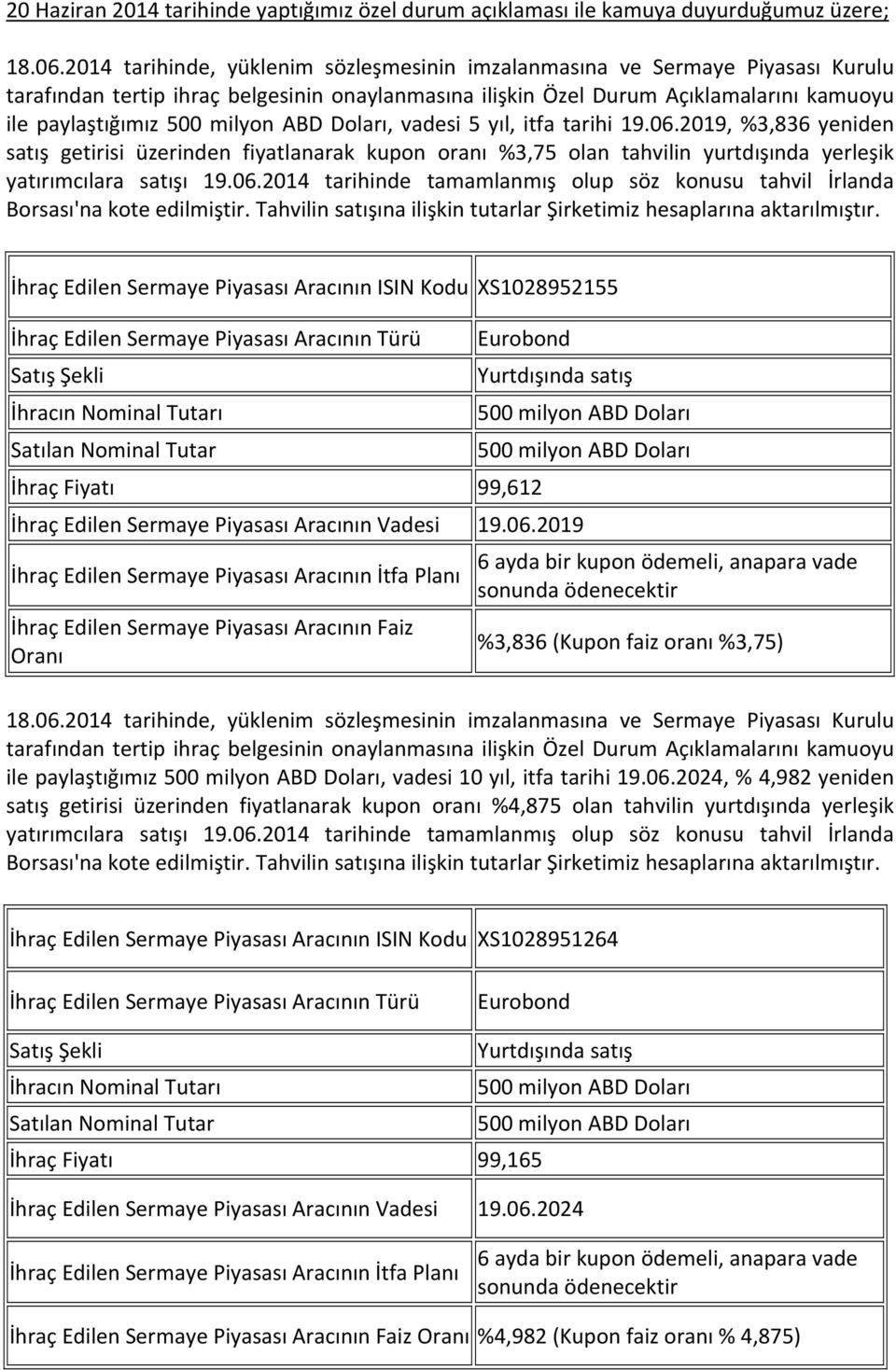 ABD Doları, vadesi 5 yıl, itfa tarihi 19.06.2019, %3,836 yeniden satış getirisi üzerinden fiyatlanarak kupon oranı %3,75 olan tahvilin yurtdışında yerleşik yatırımcılara satışı 19.06.2014 tarihinde tamamlanmış olup söz konusu tahvil İrlanda Borsası'na kote edilmiştir.