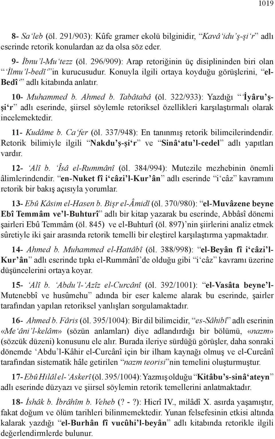 322/933): Yazdığı İyâru şşi r adlı eserinde, şiirsel söylemle retoriksel özellikleri karşılaştırmalı olarak incelemektedir. 11- Kudâme b. Ca fer (öl. 337/948): En tanınmış retorik bilimcilerindendir.